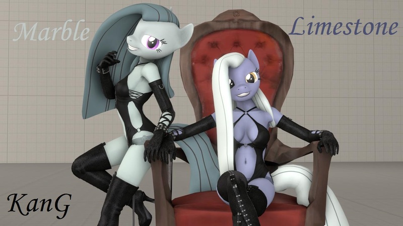 Size: 1280x720 | Tagged: 3d, anthro, artist:kmg0047, boots, breasts, chair, clothes, derpibooru import, dominatrix, evening gloves, female, females only, gloves, high heel boots, limestone pie, lingerie, long gloves, marble pie, shoes, suggestive, thigh boots