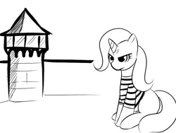 Size: 800x600 | Tagged: safe, artist:kloudmutt, derpibooru import, trixie, pony, unicorn, clothes, female, mare, monochrome, prison, prison outfit, prison stripes, solo