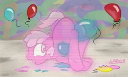 Size: 1280x776 | Tagged: suggestive, artist:jetwave, derpibooru import, edit, oc, oc:puppysmiles, unofficial characters only, earth pony, pony, fallout equestria, fallout equestria: pink eyes, fanfic, balloon, balloon fetish, balloon popping, fallout, fanfic art, female, fetish, filly, foal, happy, hooves, looking back, neon, open mouth, plot, riding, solo