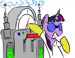 Size: 1050x809 | Tagged: safe, artist:rubrony, derpibooru import, twilight sparkle, pony, bipedal, clothes, colored, goggles, machine, mad scientist, science, solo