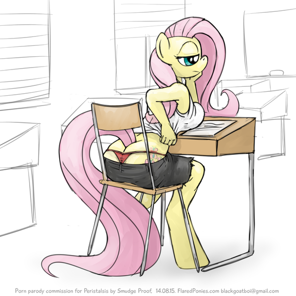 Size: 1000x1000 | Tagged: anthro, artist:smudge proof, bedroom eyes, bored, breasts, breast squeeze, busty fluttershy, buttcrack, clothes, cutie mark, derpibooru import, desk, female, flutterbutt, fluttershy, frown, leaning, midriff, panties, questionable, red underwear, shorts, sitting, sketch, sluttershy, solo, solo female, tanktop, thong, underwear, unguligrade anthro