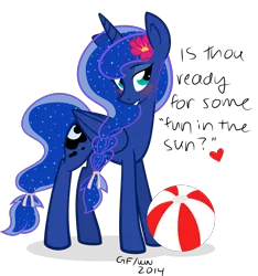Size: 1872x2000 | Tagged: dead source, safe, artist:grayflower, derpibooru import, princess luna, alicorn, pony, alternate hairstyle, ball, beach ball, bedroom eyes, blushing, braid, female, fun, grammar error, grin, heart, irony, mare, missing accessory, ribbon, simple background, smiling, solo, traditional royal canterlot voice, transparent background, vector, ye olde butcherede englishe