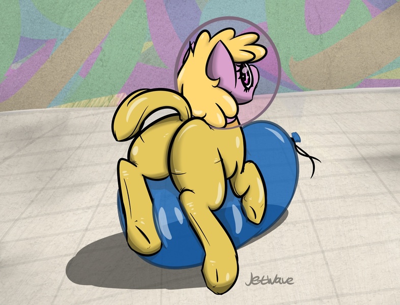 Size: 1280x977 | Tagged: questionable, artist:jetwave, derpibooru import, oc, oc:puppysmiles, unofficial characters only, earth pony, pony, fallout equestria, fallout equestria: pink eyes, fanfic, balloon, balloon fetish, balloon sitting, fallout, fanfic art, female, filly, hazmat suit, hooves, looking back, plot, riding, solo