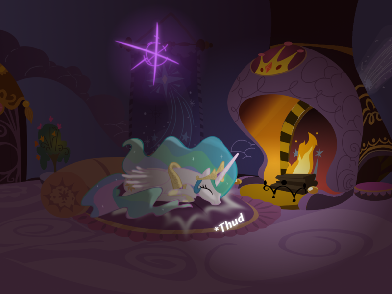 Size: 1200x900 | Tagged: artist:evil-dec0y, bed, comic:trixie vs., derpibooru import, fire, fireplace, magic, night, princess celestia, safe, sleeping, solo, teleportation, thud