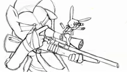 Size: 2560x1440 | Tagged: angel bunny, anthro, artist:bluredpony, binoculars, black and white, derpibooru import, female, fluttershy, grayscale, gun, monochrome, optical sight, pegasus, rabbit, rifle, safe, simple background, sketch, sniper, sniper rifle, weapon, white background, wings, wip