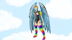 Size: 1920x1080 | Tagged: armor, artist:katsu, clothes, cloud, cloudy, derpibooru import, human, humanized, rainbow dash, rainbow socks, safe, socks, solo, striped socks, winged humanization, wings