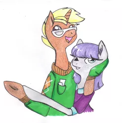 Size: 889x898 | Tagged: anthro, artist:hippykat13, couple, cute, maud pie, safe, shipping, traditional art, trenderhoof, trendermaud