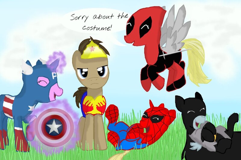 Size: 1095x730 | Tagged: amethyst star, annoyed, artist:chanceyb, batman, captain america, chirpy hooves, cosplay, crossdressing, deadpool, derpibooru import, derpy hooves, dinky hooves, doctor whooves, frown, hooves family, laughing, request, safe, shield, speech bubble, spider-man, sword, time turner, wonder woman