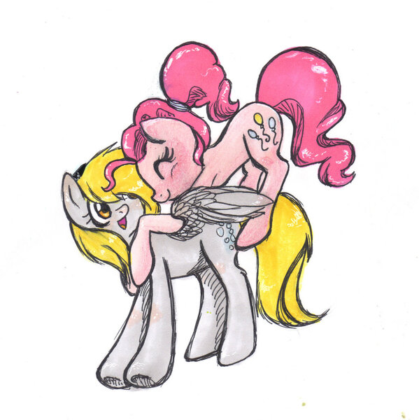 Size: 1024x1026 | Tagged: safe, artist:hippykat13, derpibooru import, derpy hooves, pinkie pie, pegasus, pony, couple, cute, derpypie, female, lesbian, mare, ponytail, shipping