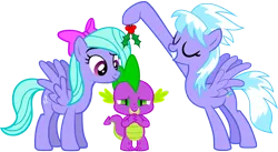 Size: 2136x1170 | Tagged: artist needed, safe, derpibooru import, edit, vector edit, cloudchaser, flitter, spike, dragon, pegasus, pony, female, flitterspike, holly, holly mistaken for mistletoe, love, love triangle, lucky bastard, male, mare, shipping, spike gets all the mares, spikechaser, spikelove