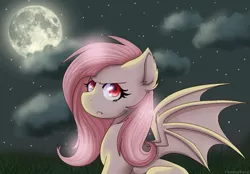 Size: 1024x713 | Tagged: safe, artist:queensmil3y, derpibooru import, fluttershy, bat pony, bat wings, cloud, female, flutterbat, frown, mare, moon, night, solo, stars, wings