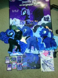 Size: 1944x2592 | Tagged: artist:onlyfactory, bootleg, card, collection, derpibooru import, filly, irl, much luna, nightmare moon, photo, plushie, poster, princess luna, safe, woona