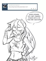 Size: 500x660 | Tagged: anthro, artist:pia-sama, belly button, breasts, clothes, comic:rogue diamond, derpibooru import, dialogue, midriff, monochrome, rainbow dash, revy dash, sketch, solo, suggestive, tanktop, tumblr