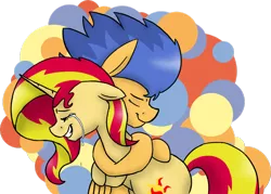 Size: 1024x732 | Tagged: safe, artist:lrusu, derpibooru import, flash sentry, sunset shimmer, pegasus, pony, unicorn, couple, crying, female, flashimmer, hug, male, shipping, straight