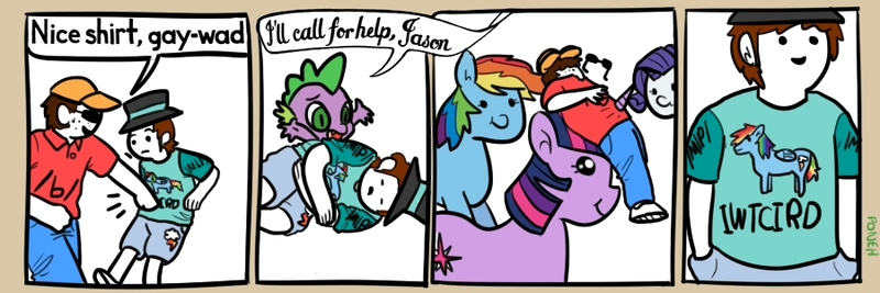 Size: 900x300 | Tagged: 4chan, /b/, brony, brony stereotype, bullying, clothes, comic, cute, derpibooru import, edit, exploitable meme, grimcute, horn impalement, human, impalement, iwtcird, meme, metaphor, parody, perry bible fellowship, ponified, rainbow dash, rarity, semi-grimdark, shirt, spike, stabbing, twilight sparkle