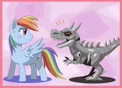 Size: 1180x850 | Tagged: annoyed, artist:wa mada sukaru, blushing, crossover, cute, derpibooru import, dinobot, grimlock, pixiv, rainbow dash, safe, sweatdrop, transformers, transformers age of extinction