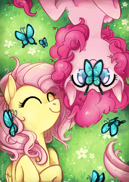 Size: 526x744 | Tagged: artist:tsurime, butterfly, derpibooru import, female, flutterpie, fluttershy, from above, grass, high angle, lesbian, on back, pinkie pie, safe, shipping, smiling