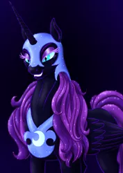 Size: 918x1300 | Tagged: safe, artist:leovictor, artist:vasillium, derpibooru import, oc, oc:nyx, unofficial characters only, alicorn, pony, fanfic:past sins, alicorn oc, black background, fanfic art, female, grin, helmet, mare, nightmare nyx, peytral, simple background, slit pupils, smiling, solo, sparkles