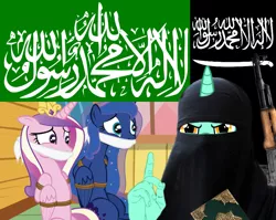 Size: 1161x924 | Tagged: allah, al-qaeda, arabic, bondage, bound wings, floppy ears, hamas, hand, islam, islamic fundamentalism, islamic state, jihad, lyra heartstrings, princess cadance, princess luna, semi-grimdark, shahada, tasteless, tied up, wat, wide eyes, worried