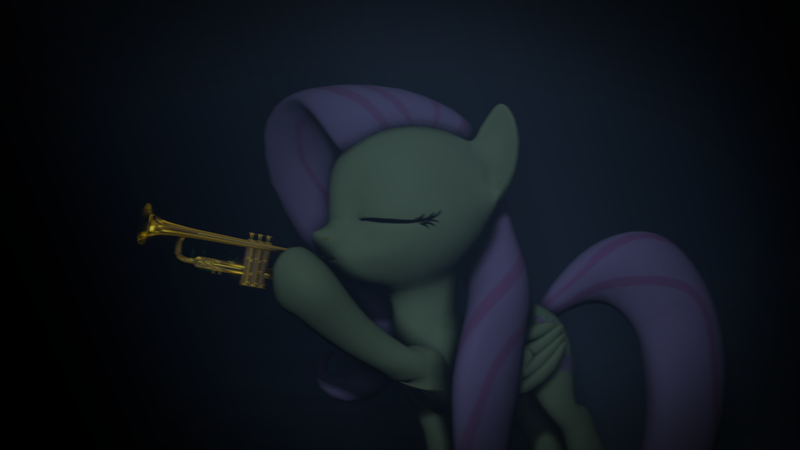 Size: 1280x720 | Tagged: 3d, artist:jack27121, dark, derpibooru import, eyes closed, fluttershy, musical instrument, safe, solo, source filmmaker, trumpet, youtube link, youtube video