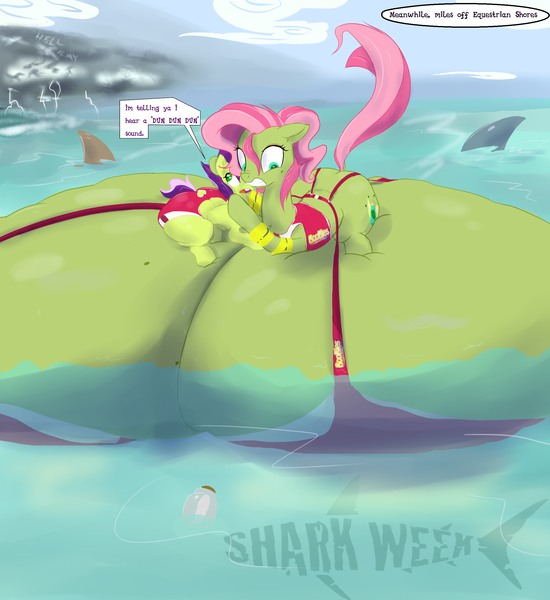 Size: 2200x2400 | Tagged: questionable, artist:hell ray, derpibooru import, oc, oc:saggitha slap, unofficial characters only, earth pony, pony, shark, beauty mark, bra, bucktooth, chubby, clothes, crotchboobs, crotchbra, floating, floating wings, floppy ears, gritted teeth, hug, hyper, impossibly large butt, impossibly large crotchboobs, lactation, lightning, milk, note in a bottle, ocean, plot, raised tail, scared, shark week, space dandy, storm, swimsuit, tight clothing, wat, wide eyes