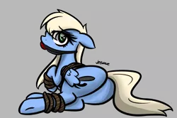 Size: 2551x1696 | Tagged: suggestive, artist:jetwave, derpibooru import, oc, oc:tailwind, unofficial characters only, pony, fallout equestria, fallout equestria: frozen skies, ballgag, bondage, bound wings, explicit source, female, gag, looking back, plot, rope, solo, solo female