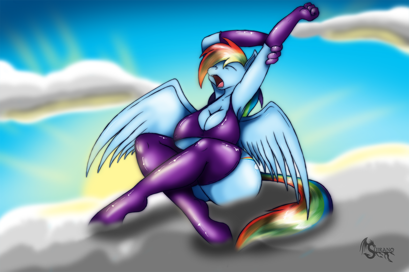 Size: 1920x1280 | Tagged: anthro, armpits, artist:suirano, breasts, busty rainbow dash, cleavage, clothes, curvy, derpibooru import, evening gloves, female, latex, morning, rainbow dash, sexy, solo, solo female, stockings, stupid sexy rainbow dash, suggestive, underboob, unguligrade anthro, voluptudash, voluptudash thighs, yawn