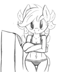 Size: 428x502 | Tagged: anthro, artist:tg-0, belly button, bra on pony, breasts, button, cleavage, clothes, derpibooru import, female, monochrome, panties, safe, scootaloo, solo, sports bra, underwear