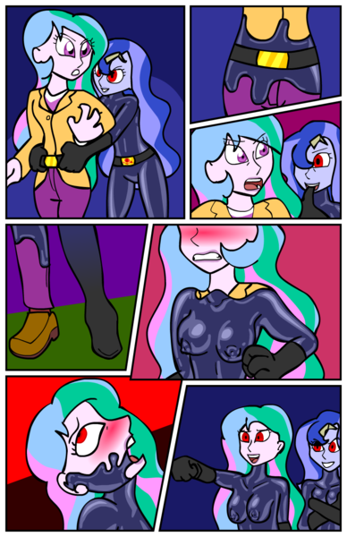 Size: 825x1275 | Tagged: questionable, artist:shennanigma, derpibooru import, princess celestia, princess luna, comic:zofaquestria, equestria girls, bodysuit, breasts, comic, corrupted, dinaranger, erect nipples, latex, living suit, nipple outline, principal celestia, tight clothing, vice principal luna, zofa