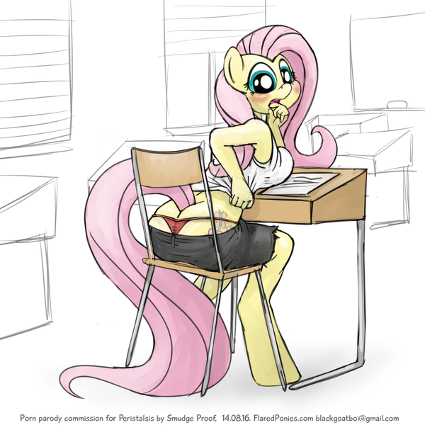 Size: 1000x1000 | Tagged: anthro, artist:smudge proof, ass, blushing, breasts, breast squeeze, busty fluttershy, buttcrack, clothes, cutie mark, derpibooru import, desk, embarrassed, embarrassed underwear exposure, female, flutterbutt, fluttershy, leaning, looking at you, looking back, midriff, nudity, open mouth, panties, questionable, red underwear, shorts, sitting, sketch, sluttershy, solo, solo female, surprised, tanktop, thong, underwear, unguligrade anthro, wide eyes