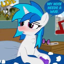 Size: 3000x3000 | Tagged: artist:masterxtreme, bed, bedroom eyes, chest fluff, cute, derpibooru import, dialogue, dj pone, flu, lidded eyes, open mouth, red nosed, safe, seaddle, sick, tissue, tissue box, vinylbetes, vinyl scratch, wub