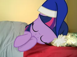 Size: 1584x1172 | Tagged: safe, artist:missbeigepony, artist:paris7500, derpibooru import, twilight sparkle, twilight sparkle (alicorn), alicorn, pony, bed, female, hat, irl, mare, nightcap, photo, pillow, ponies in real life, sleeping, solo, vector