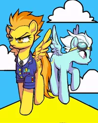 Size: 600x750 | Tagged: angry, artist:susu, clothes, derpibooru import, fleetfoot, frown, goggles, necktie, raised hoof, safe, shirt, spitfire, spread wings, uniform