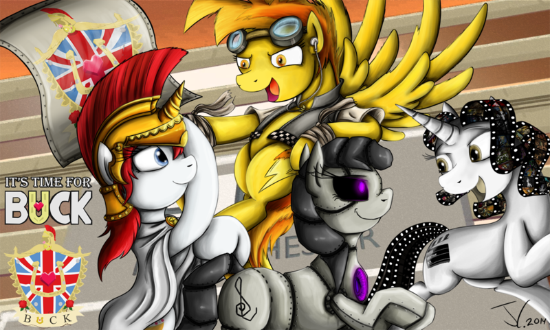 Size: 1250x752 | Tagged: safe, artist:jamescorck, derpibooru import, octavia melody, spitfire, oc, oc:britannia, oc:movie slate, pegasus, pony, robot, robot pony, ask britannia, ask firestarter spitfire, firestarter spitfire, ask-robot-octavia, aviator goggles, b.u.c.k., cape, clothes, convention, female, helmet, mare, mascot, robot octavia