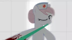 Size: 1600x900 | Tagged: artist:totallynotabronyfim, blood, ceiling, derpibooru import, hat, hospital, light, nurse redheart, offscreen character, semi-grimdark, solo, tourniquet