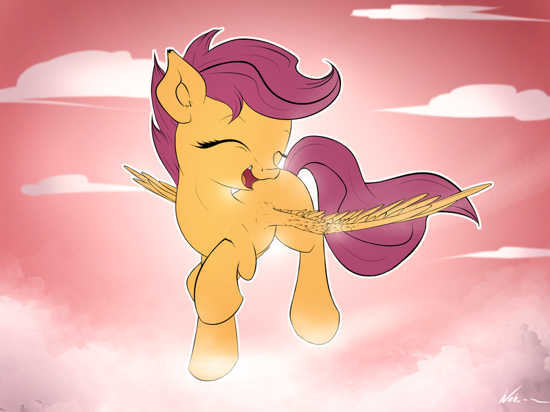 Size: 4000x3000 | Tagged: absurd resolution, artist:neko-me, cloud, cute, cutealoo, derpibooru import, eyes closed, flying, happy, safe, scootaloo, scootaloo can fly, solo