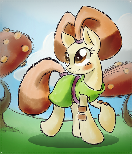 Size: 1267x1474 | Tagged: safe, artist:ruhisu, derpibooru import, ponified, pony, caline, clothes, dress, female, gift art, mare, mushroom, smiling, solo, the neverhood, tree