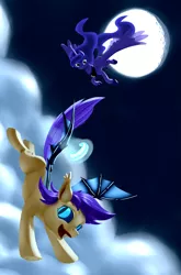 Size: 2903x4401 | Tagged: safe, artist:nadnerbd, derpibooru import, princess luna, scootaloo, alicorn, bat pony, pony, bat ponified, cloud, female, flying, mare, moon, night, race swap, scootabat, sky, student of the night