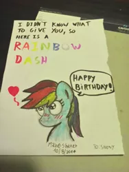 Size: 774x1032 | Tagged: artist:mane-shaker, birthday card, blushing, colored, derpibooru import, happy birthday, rainbow dash, safe, solo, traditional art