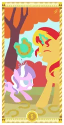 Size: 400x775 | Tagged: safe, artist:janeesper, derpibooru import, diamond tiara, sunset shimmer, pony, angry, card, horseshoes, laughing, magic, tarot, tarot card, telekinesis