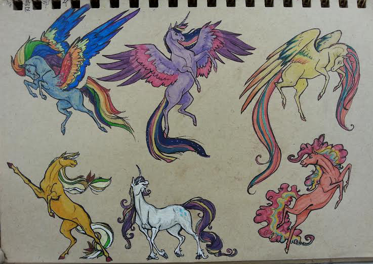 Size: 737x523 | Tagged: safe, artist:zalay, derpibooru import, applejack, fluttershy, pinkie pie, rainbow dash, rarity, twilight sparkle, twilight sparkle (alicorn), alicorn, pony, female, mane six, mare, rainbow power, traditional art