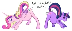 Size: 1828x793 | Tagged: artist:patch, artist:twizzle, belly, butt shake, color, colored, derpibooru import, face down ass up, looking back, mama twilight, open mouth, pregnant, princess cadance, raised tail, safe, smiling, sunshine sunshine, twilight sparkle, update