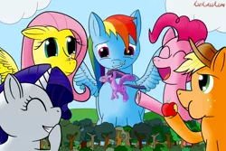 Size: 1024x683 | Tagged: safe, artist:kickassking, derpibooru import, angel bunny, applejack, fluttershy, pinkie pie, rainbow dash, rarity, twilight sparkle, twilight sparkle (alicorn), alicorn, pegasus, pony, unicorn, apple, giant pony, giggling, macro, mane six, whitetail woods