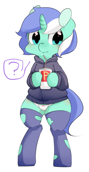 Size: 982x1902 | Tagged: suggestive, artist:berseepon09, derpibooru import, oc, oc:pon, unofficial characters only, pony, unicorn, bipedal, clothes, cup, panties, ribbon, solo, stockings, sweater, torn clothes, underwear