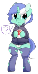 Size: 982x1902 | Tagged: suggestive, artist:berseepon09, derpibooru import, oc, oc:pon, unofficial characters only, pony, unicorn, bipedal, clothes, cup, panties, ribbon, solo, stockings, sweater, torn clothes, underwear