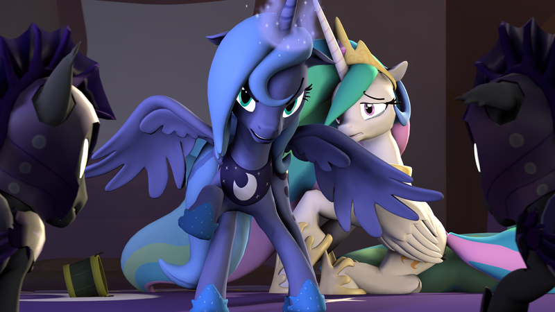 Size: 1920x1080 | Tagged: 3d, angry, armor, artist:thundergodpony, crying, dead source, derpibooru import, fight, magic, night guard, princess celestia, princess luna, protecting, protective little sister, s1 luna, safe, scared, source filmmaker