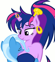 Size: 884x1000 | Tagged: safe, artist:navitaserussirus, derpibooru import, trixie, twilight sparkle, anthro, genie, alternate hairstyle, animated, anthro on pony action, bedroom eyes, blushing, boob smothering, breasts, busty twilight sparkle, cleavage, earring, eyes closed, female, gif, horn ring, image, lesbian, motorboating, ponytail, shantae, shantae (character), shipping, smiling, twixie