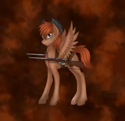 Size: 900x871 | Tagged: safe, artist:derpsonhooves, derpibooru import, oc, oc:calamity, unofficial characters only, pegasus, pony, fallout equestria, fanfic, battle saddle, dashite, fanfic art, gun, hat, hooves, male, rifle, solo, stallion, weapon, wings