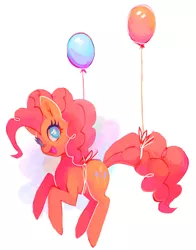 Size: 1388x1769 | Tagged: dead source, safe, artist:toycake, derpibooru import, pinkie pie, earth pony, pony, balloon, cute, diapinkes, female, floating, mare, open mouth, solo, then watch her balloons lift her up to the sky