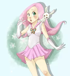 Size: 923x1000 | Tagged: angel bunny, artist:paulina-ap, fluttershy, human, humanized, parody, safe, sailor moon, sailor scout, solo